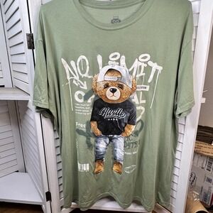 Bear Nation Hustle Hard Teddy Graphic T-Shirt‎ Green 3XL Streetwear *READ
